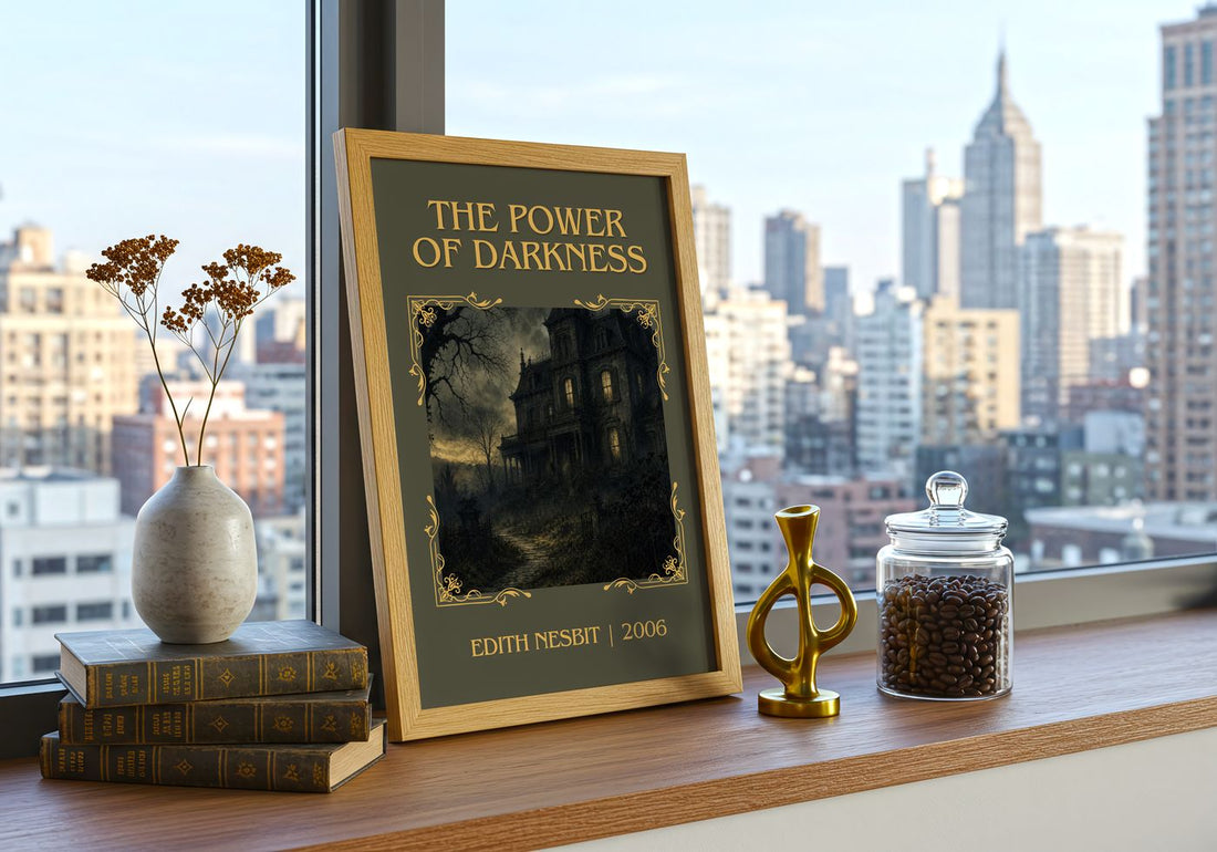 The Power of Darkness Classic Book Art Print by Edith Nesbit – framed print on a city-view windowsill