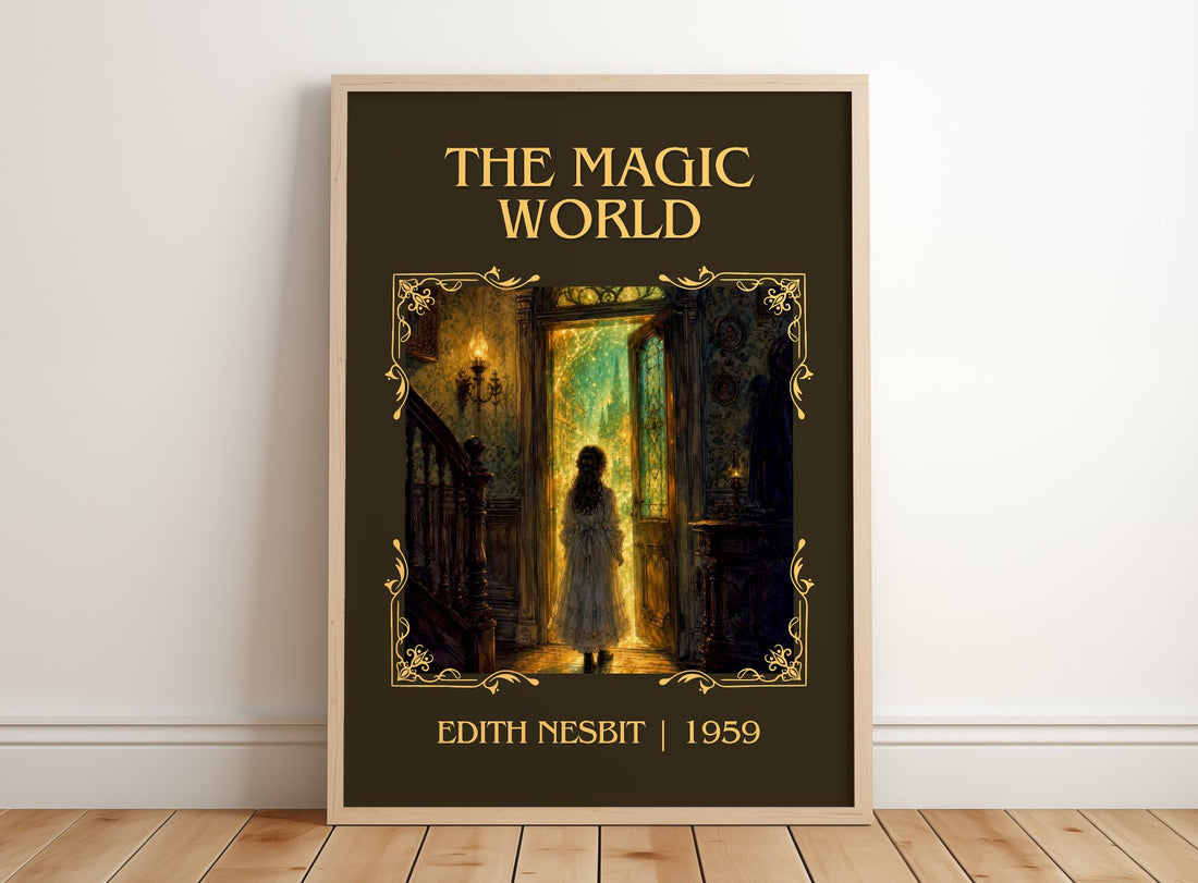 The Magic World Classic Book Art Print by Edith Nesbit – framed print leaning on a wooden floor