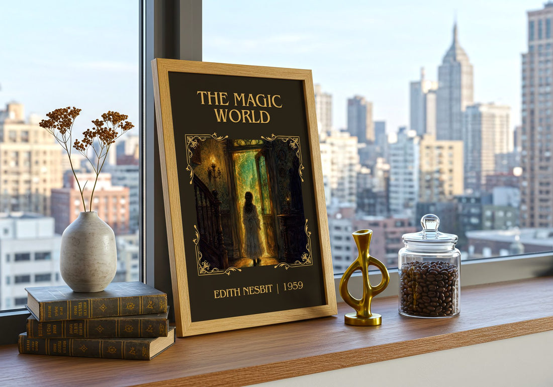 The Magic World Classic Book Art Print by Edith Nesbit – framed print on a city-view windowsill