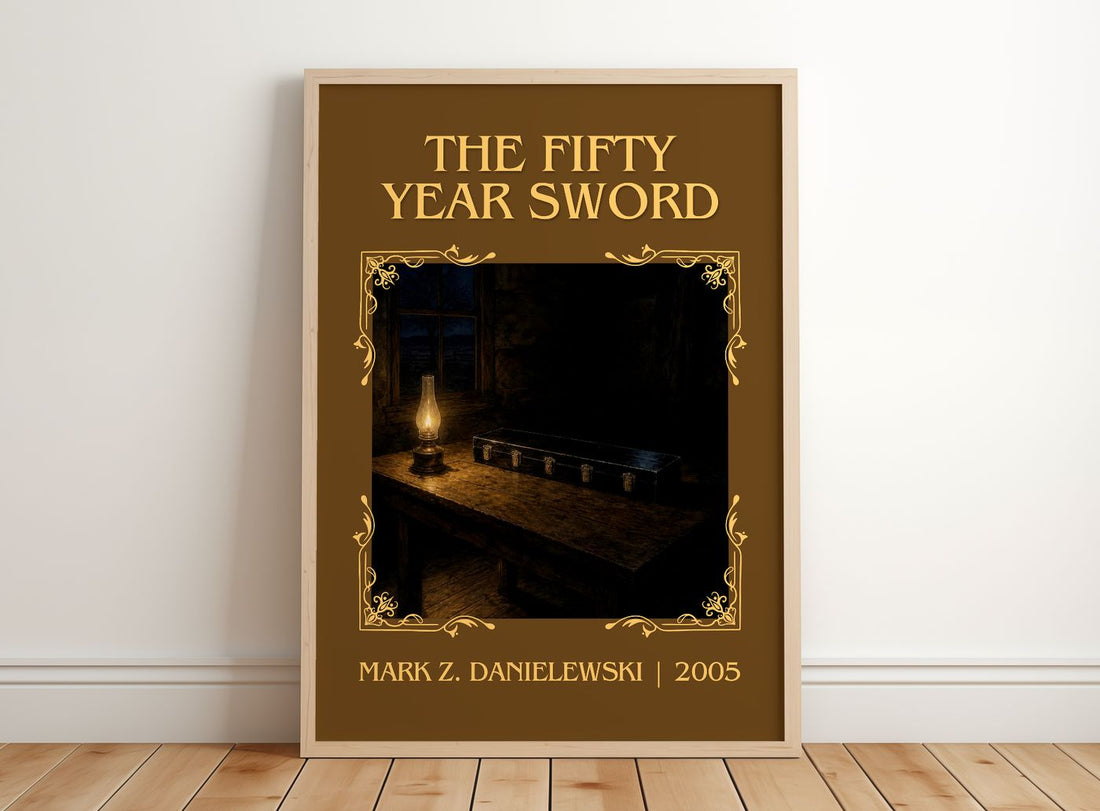 The fifty year sword Classic Book Art Print by Mark Z. Danielewski – framed print leaning on a wooden floor
