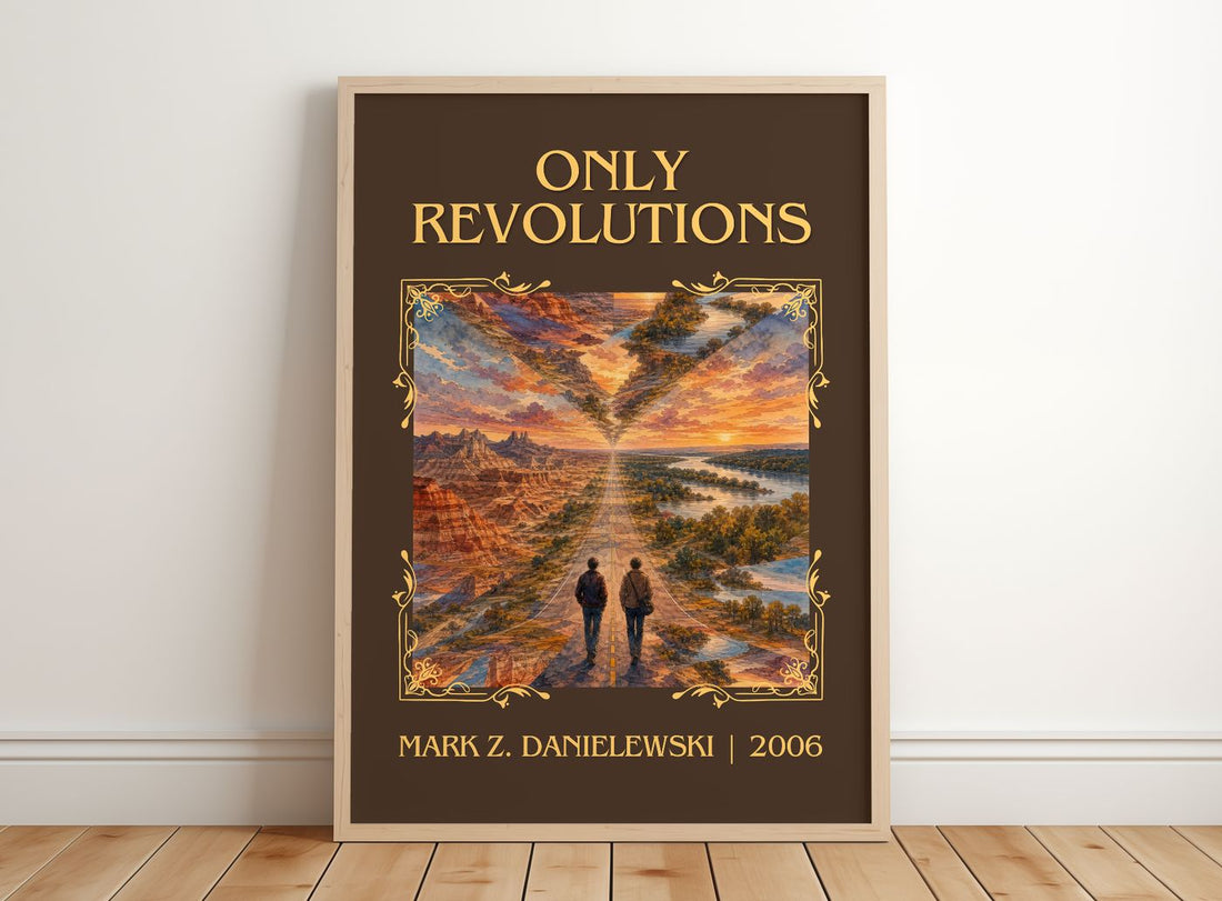 Only Revolutions Classic Book Art Print by Mark Z. Danielewski – framed print leaning on a wooden floor