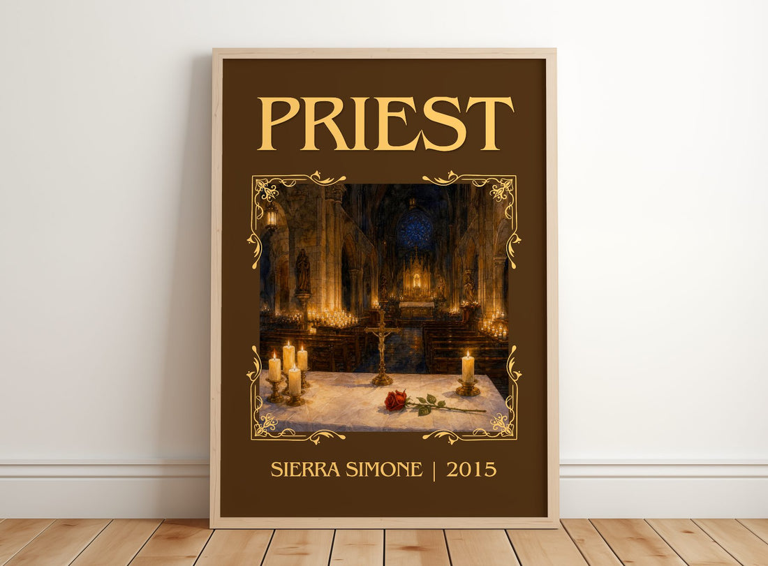 Priest Classic Book Art Print by Sierra Simone – framed print leaning on a wooden floor