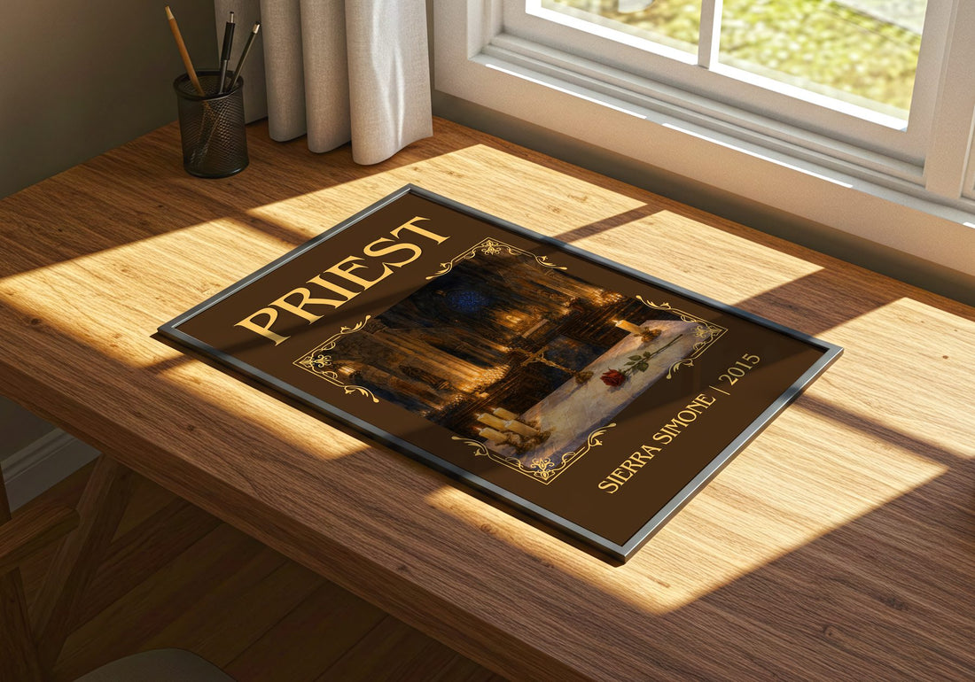 Priest Classic Book Art Print by Sierra Simone – print on a sunlit desk