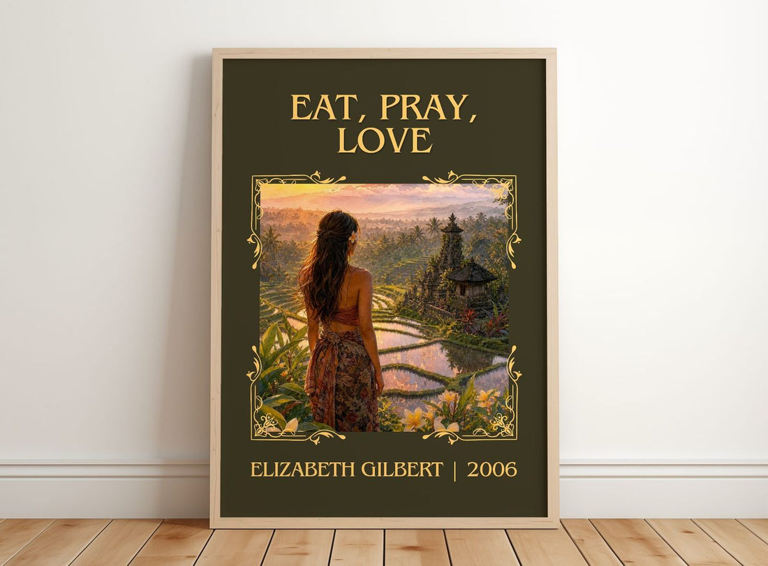 Eat, Pray, Love classic book art print in frame leaning in hallway – memoir wall art