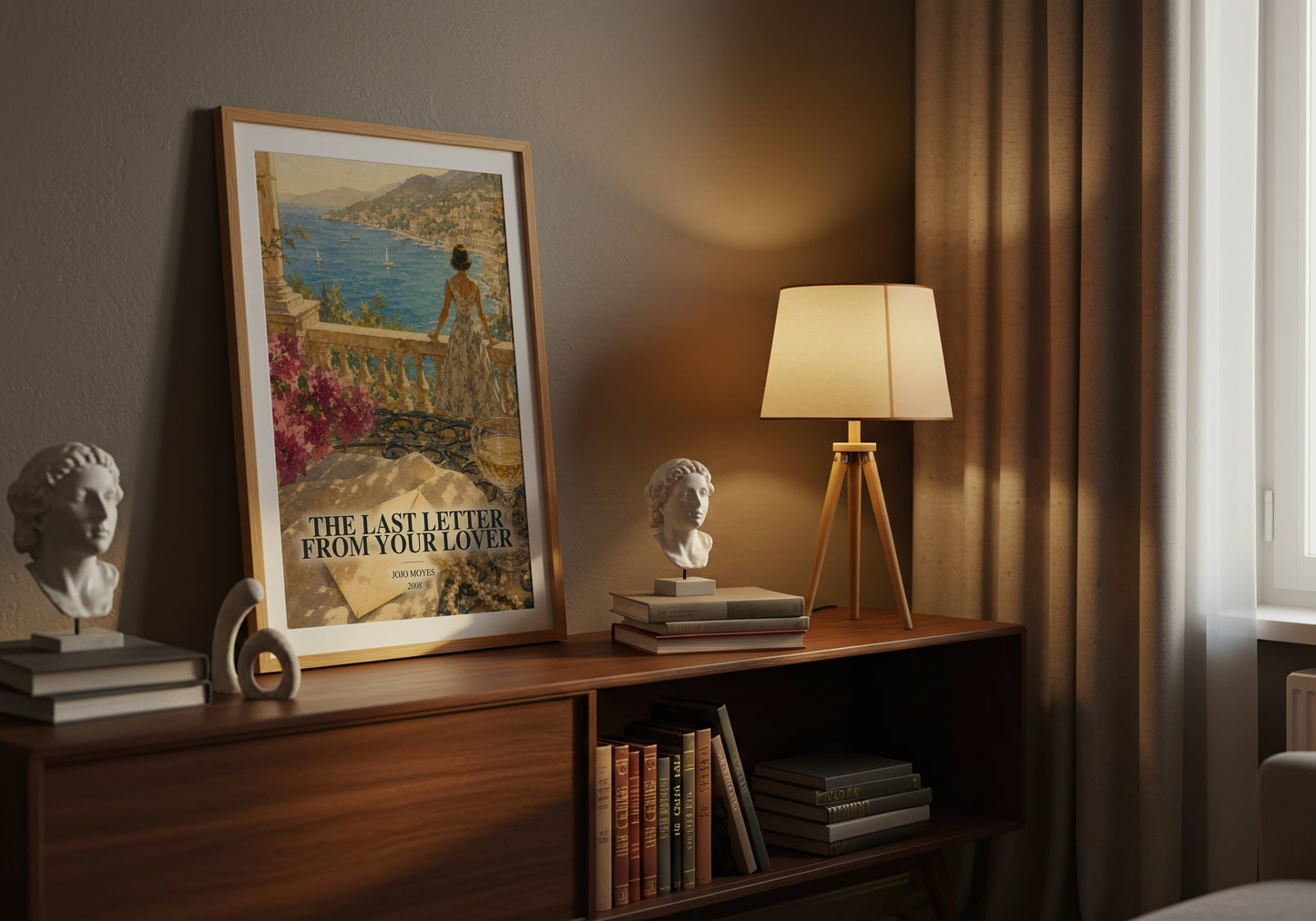 The Last Letter From Your Lover watercolour print on bookshelf – Jojo Moyes fan gift