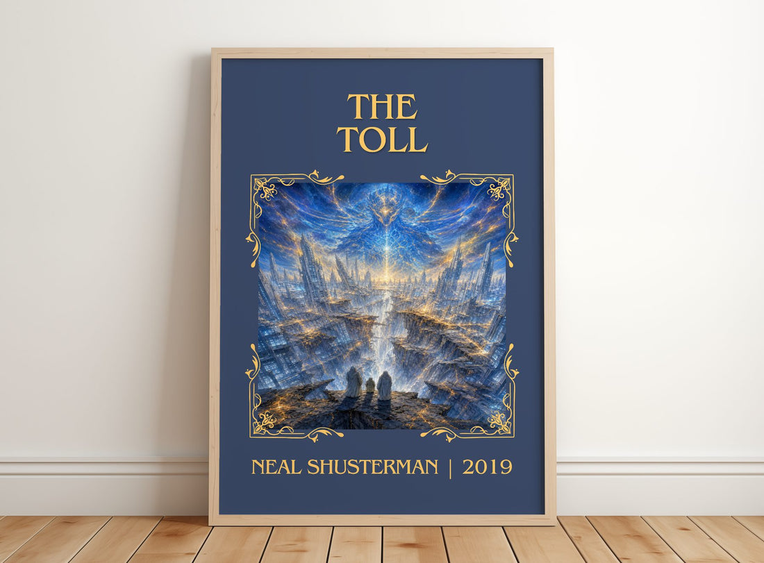 The Toll Classic Book Art Print by Neal Shusterman – framed print leaning on a wooden floor