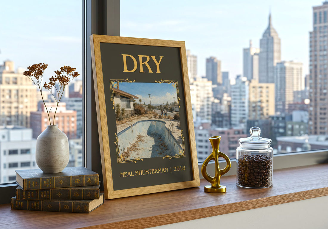 Dry Classic Book Art Print by Neal Shusterman – framed print on a city-view windowsill