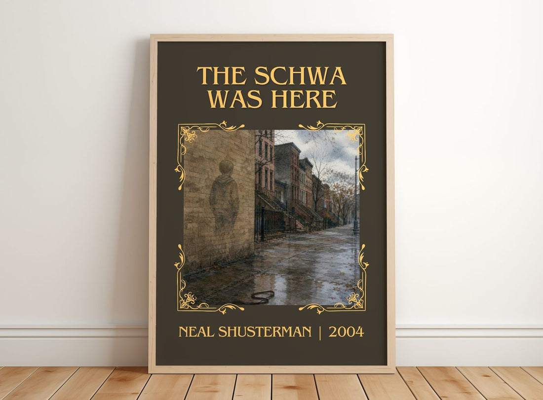 The Schwa was here classic book art print in frame leaning in hallway – young adult wall art