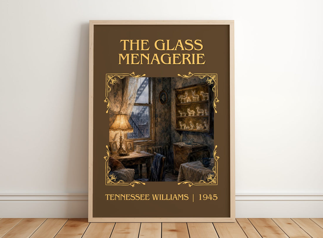 The Glass Menagerie Classic Book Art Print by Tennessee Williams – framed print leaning on a wooden floor