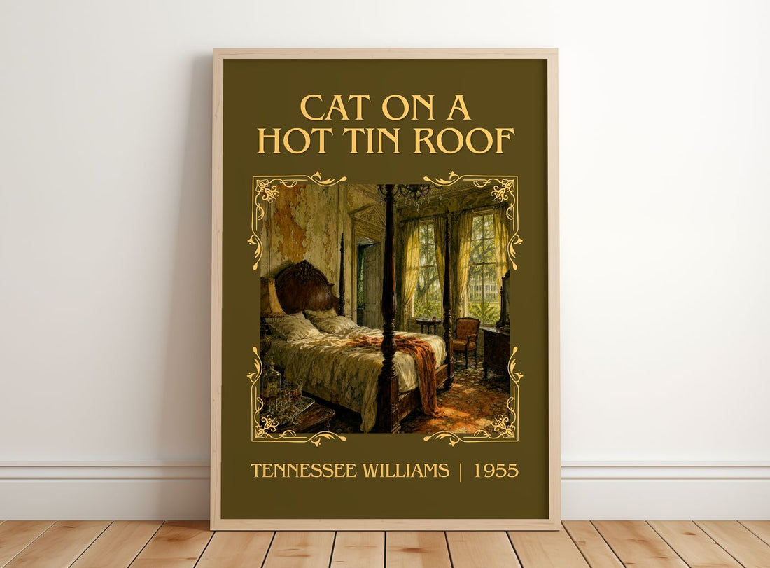 Cat on a Hot Tin Roof Classic Book Art Print by Tennessee Williams – framed print leaning on a wooden floor