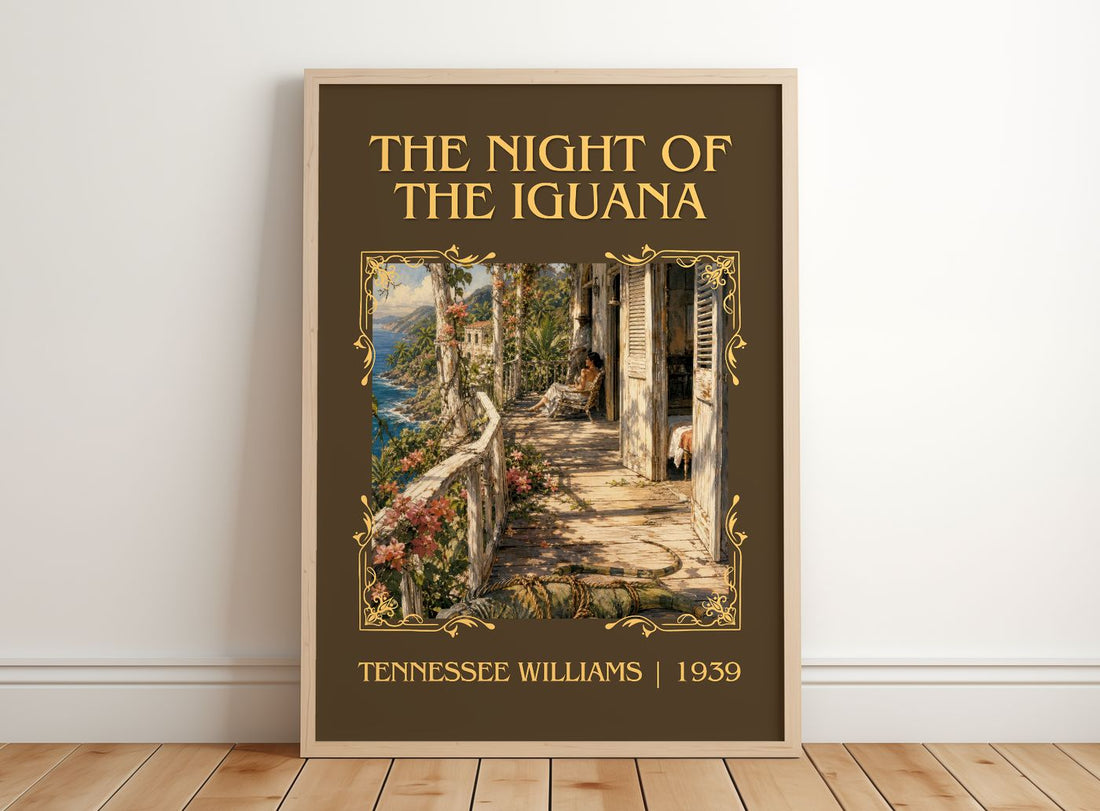 The night of the iguana Classic Book Art Print by Tennessee Williams – framed print leaning on a wooden floor