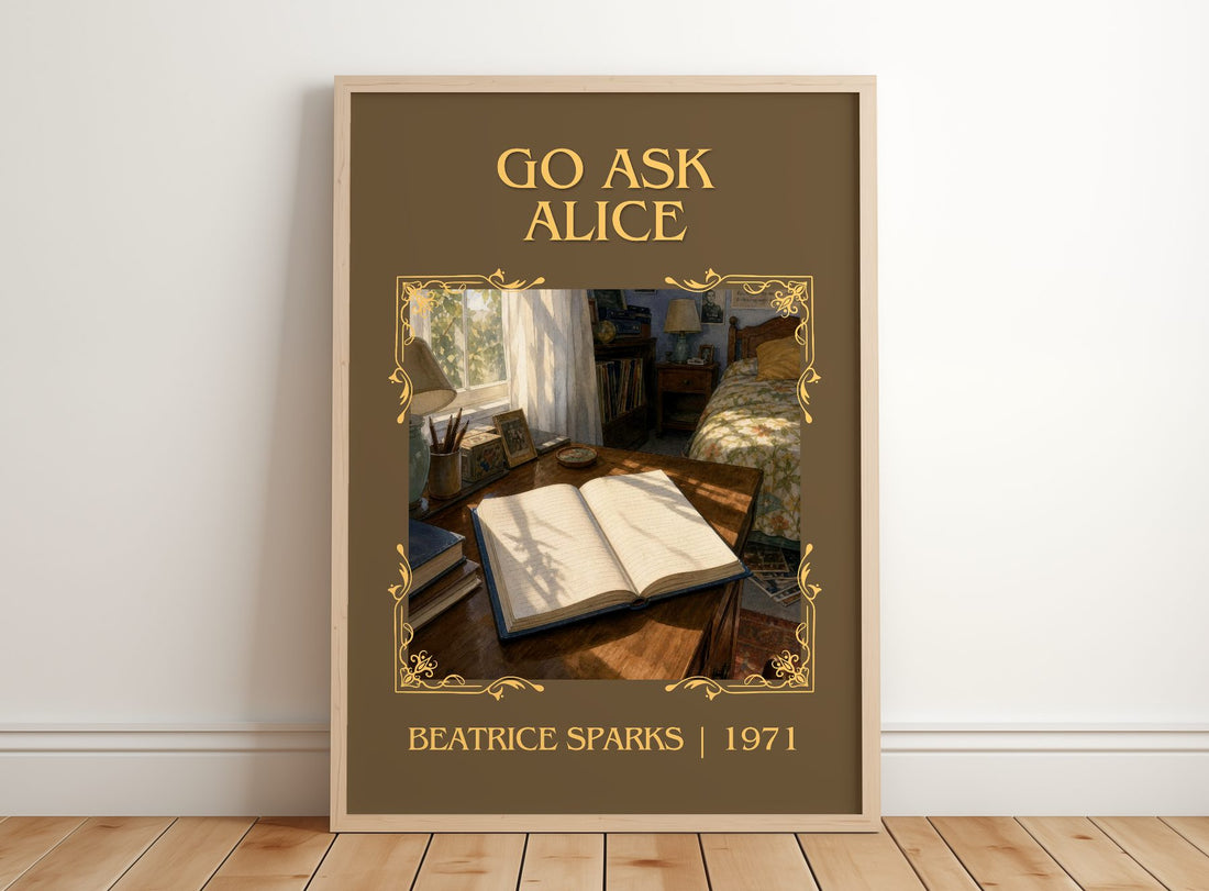 Go Ask Alice Classic Book Art Print by Beatrice Sparks – framed print leaning on a wooden floor