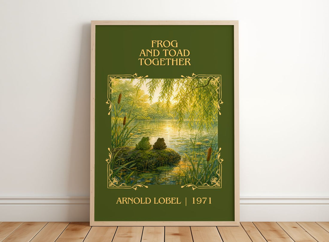 Frog and Toad Together Classic Book Art Print by Arnold Lobel – framed print leaning on a wooden floor