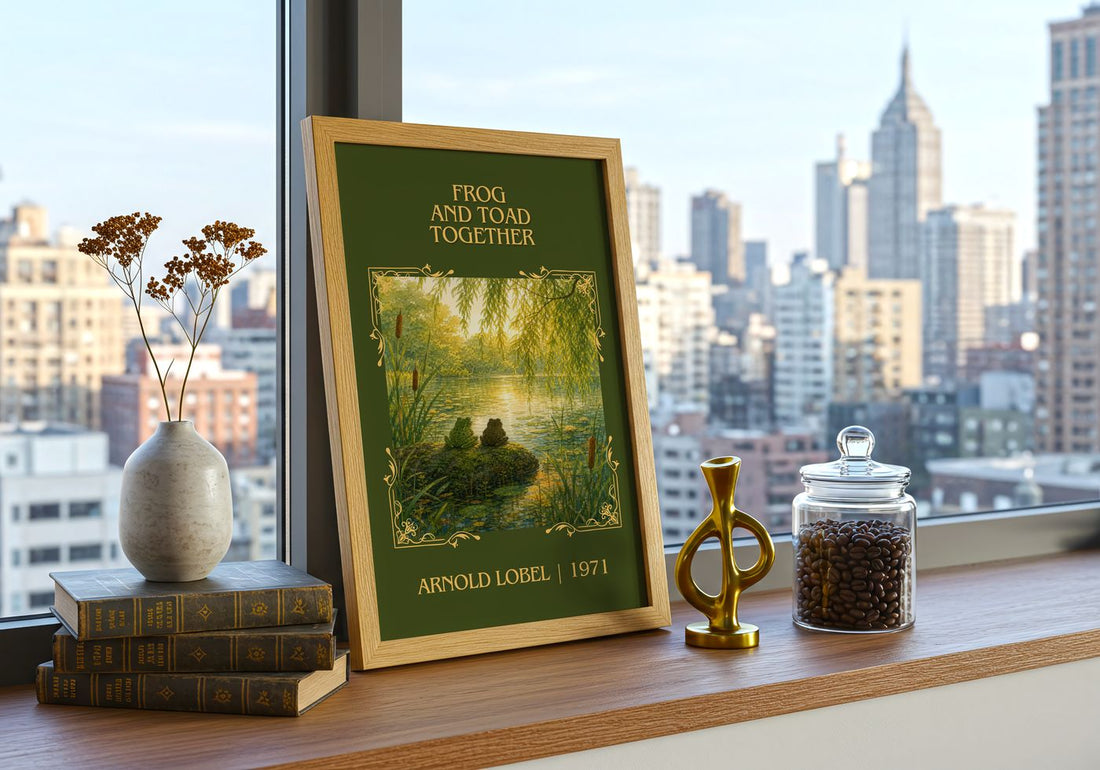 Frog and Toad Together Classic Book Art Print by Arnold Lobel – framed print on a city-view windowsill