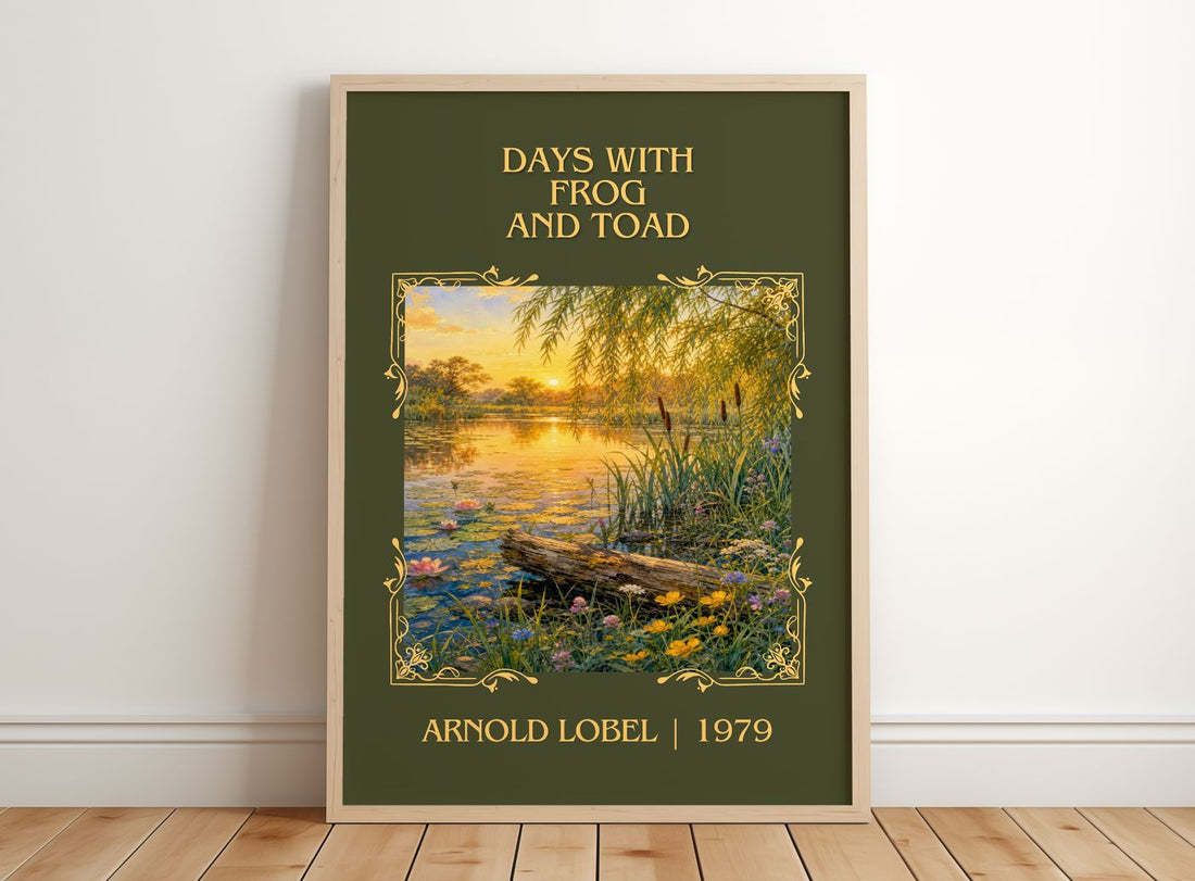 Days With Frog and Toad Classic Book Art Print by Arnold Lobel – framed print leaning on a wooden floor