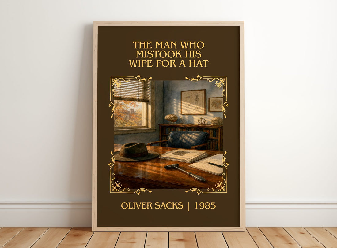 Man Who Mistook His Wife for a Hat Classic Book Art Print by O. Sacks – framed print leaning on a wooden floor