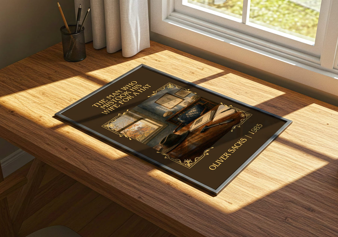 Man Who Mistook His Wife for a Hat Classic Book Art Print by O. Sacks – print on a sunlit desk