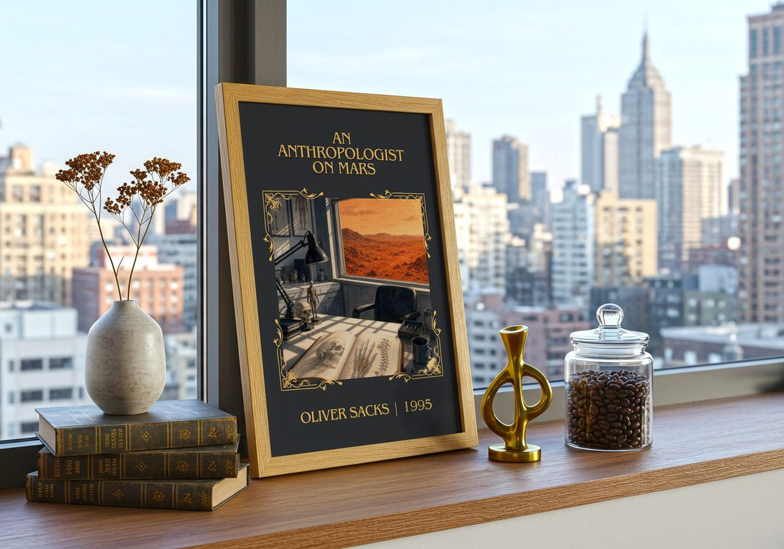 An Anthropologist on Mars Classic Book Art Print by Oliver Sacks – framed print on a city-view windowsill