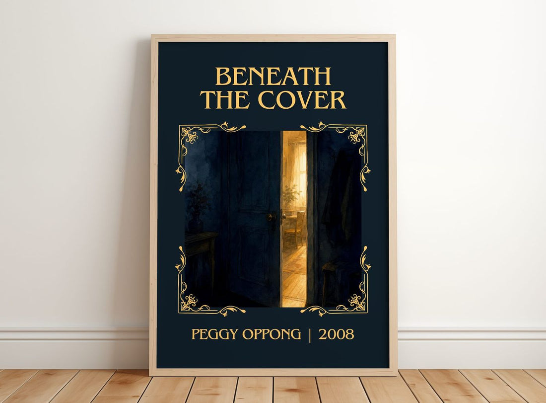 Beneath the cover classic book art print in frame leaning in hallway – contemporary fiction wall art