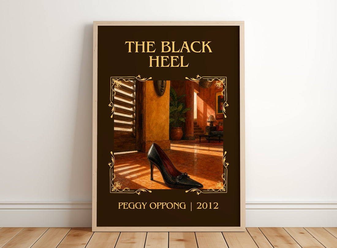 The black heel Classic Book Art Print by Peggy Oppong – framed print leaning on a wooden floor