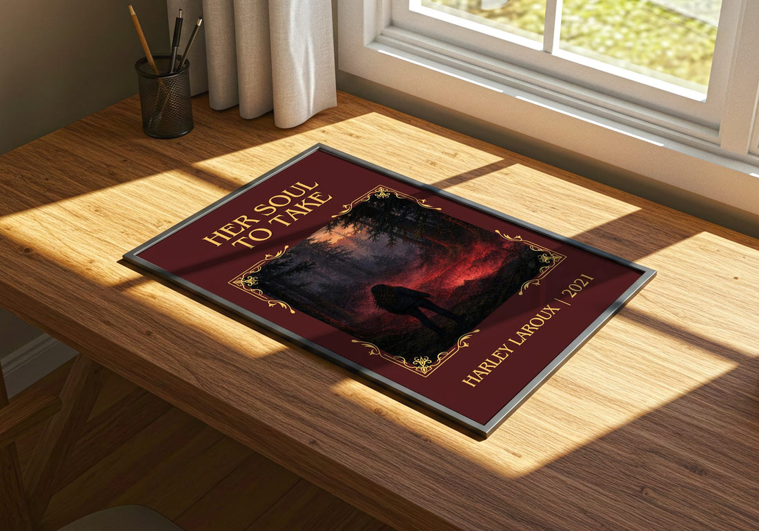 Her Soul to Take Classic Book Art Print by Harley Laroux – print on a sunlit desk