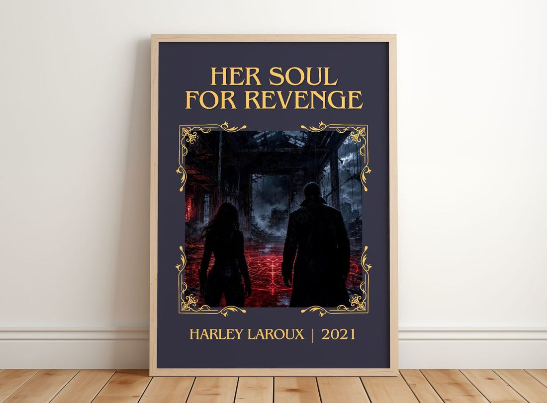 Her Soul for Revenge classic book art print in frame leaning in hallway – romance wall art