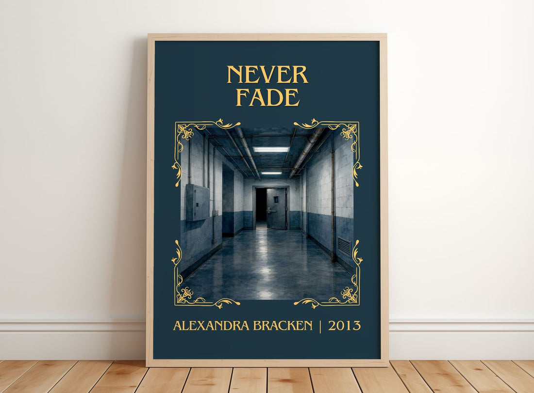 Never fade Classic Book Art Print by Alexandra Bracken – framed print leaning on a wooden floor