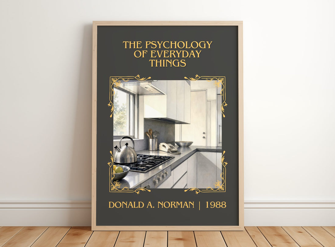 Psychology of Everyday Things Classic Book Art Print by D. Norman – framed print leaning on a wooden floor