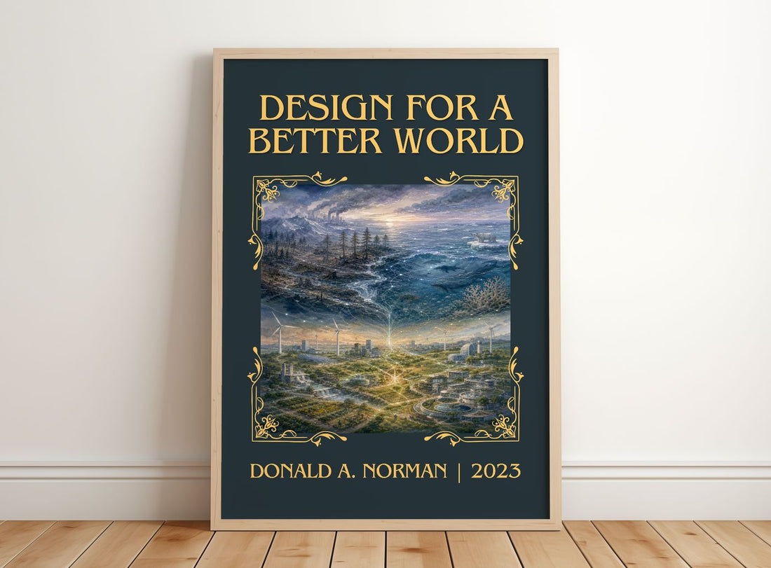 Design for a Better World Classic Book Art Print by Donald A. Norman – framed print leaning on a wooden floor