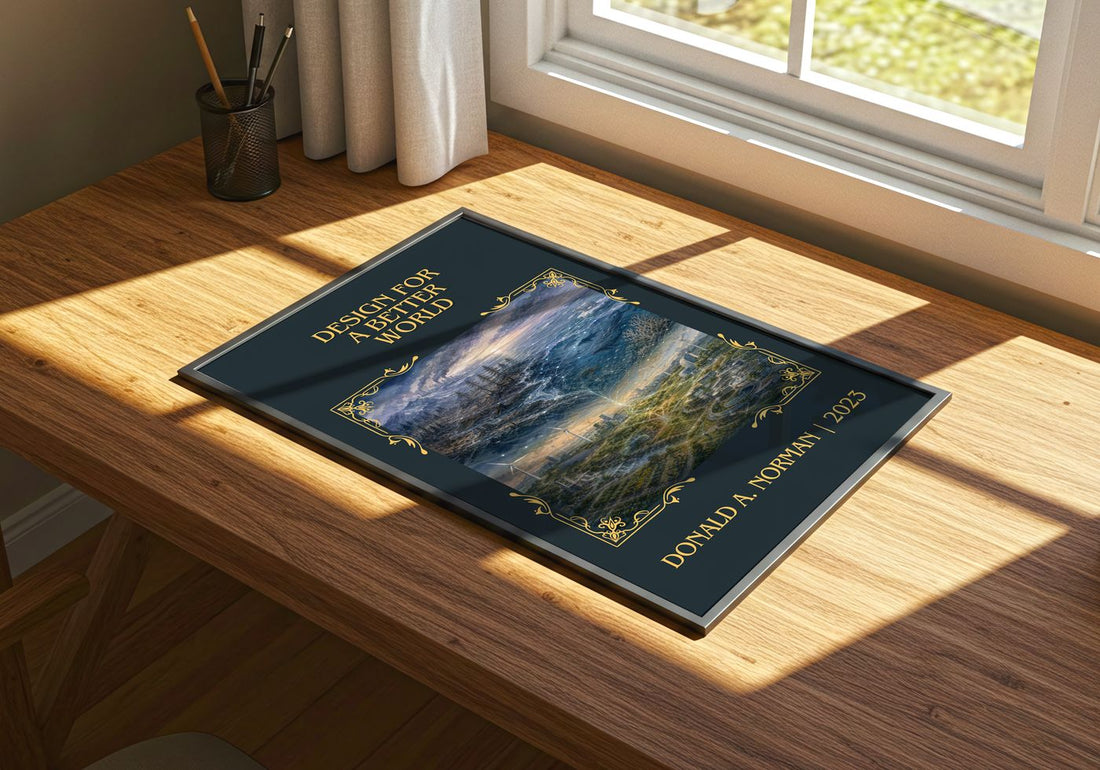 Design for a Better World Classic Book Art Print by Donald A. Norman – print on a sunlit desk