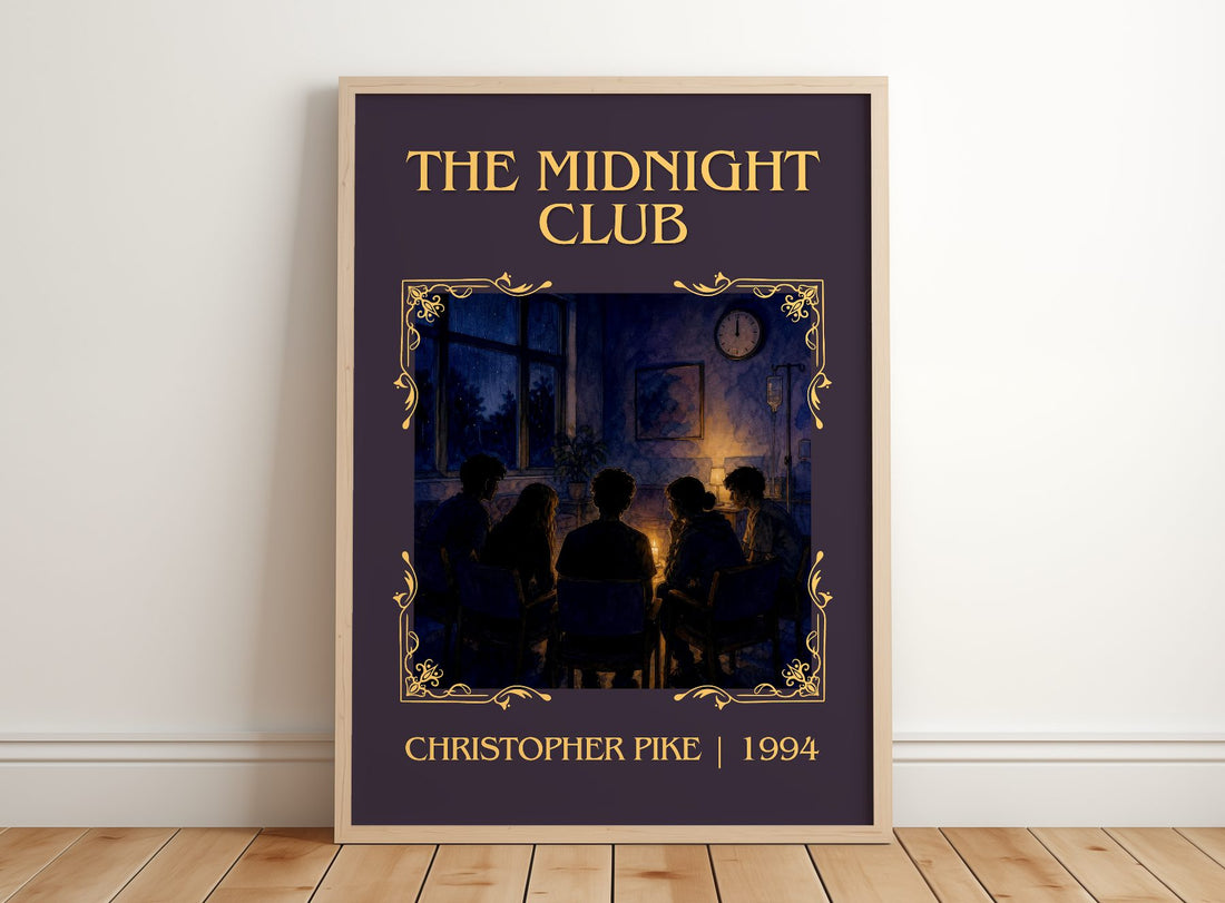 The Midnight Club Classic Book Art Print by Christopher Pike – framed print leaning on a wooden floor