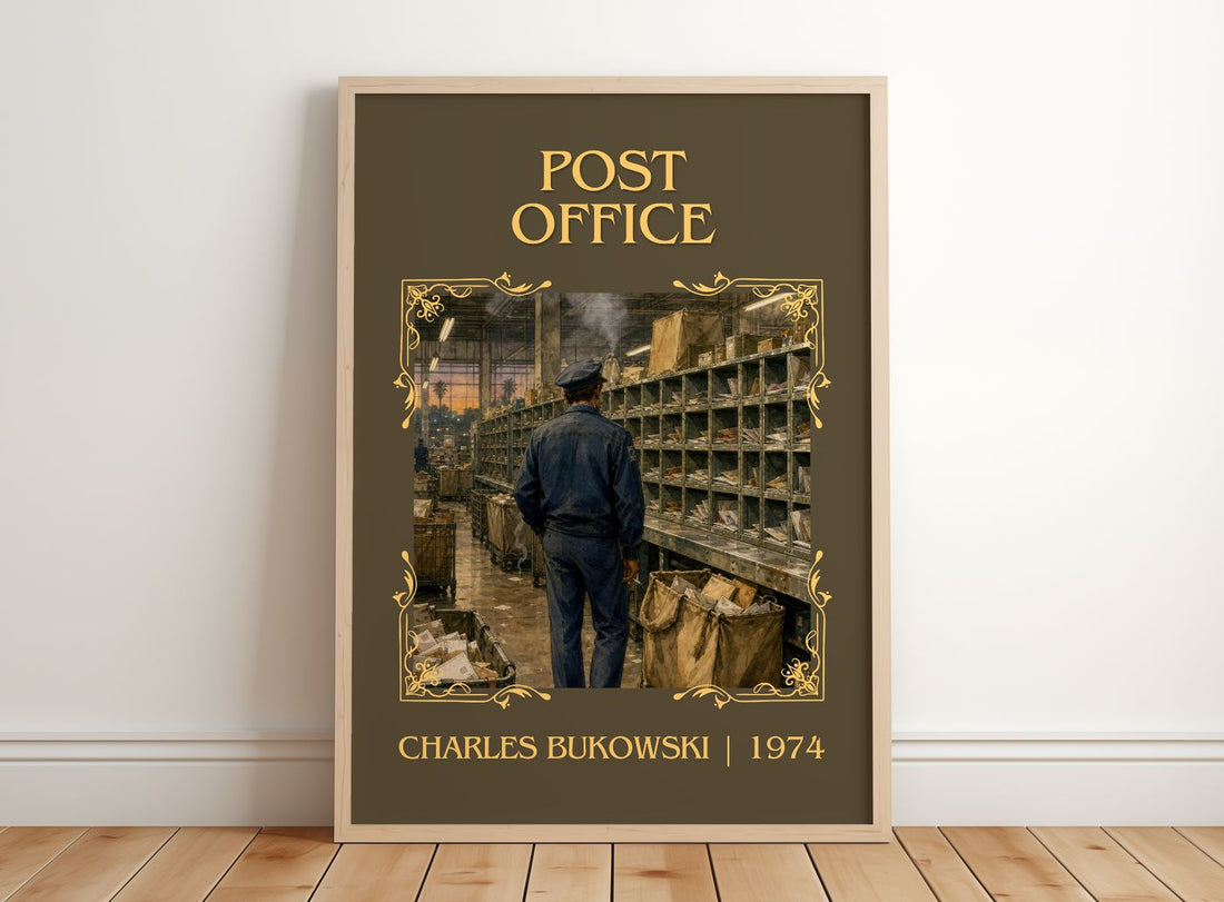 Post office Classic Book Art Print by Charles Bukowski – framed print leaning on a wooden floor