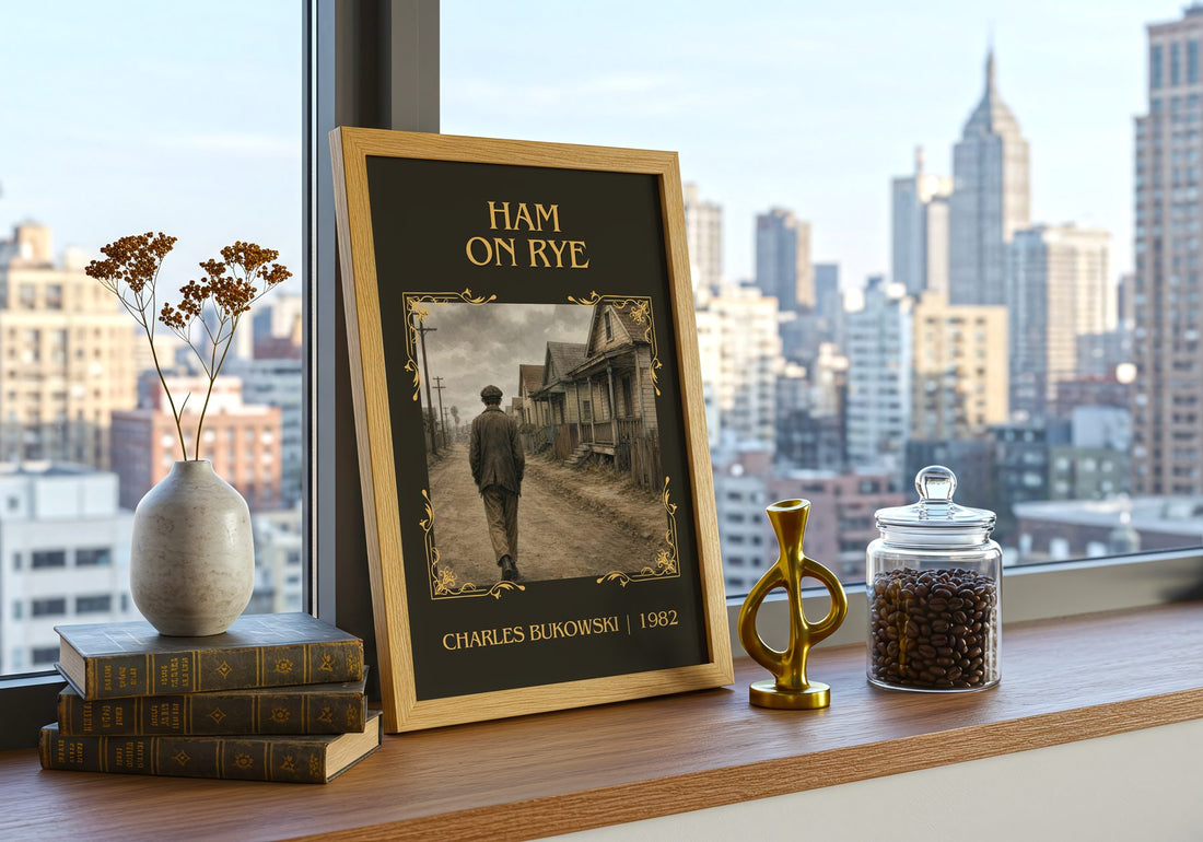 Ham on Rye Classic Book Art Print by Charles Bukowski – framed print on a city-view windowsill