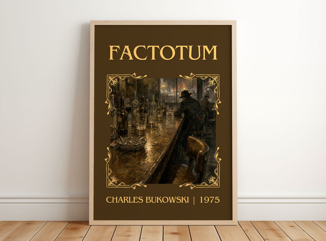 Factotum Classic Book Art Print by Charles Bukowski – framed print leaning on a wooden floor
