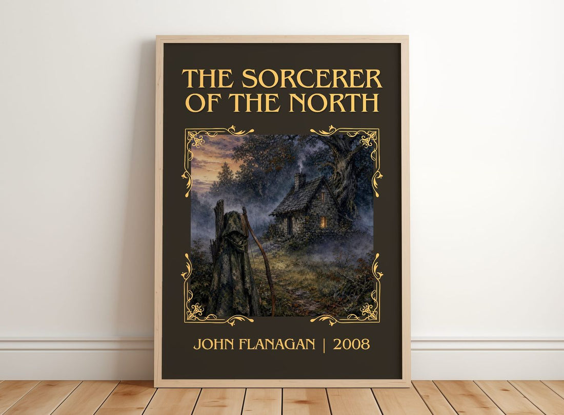 The Sorcerer of the North classic book art print in frame leaning in hallway – fantasy wall art
