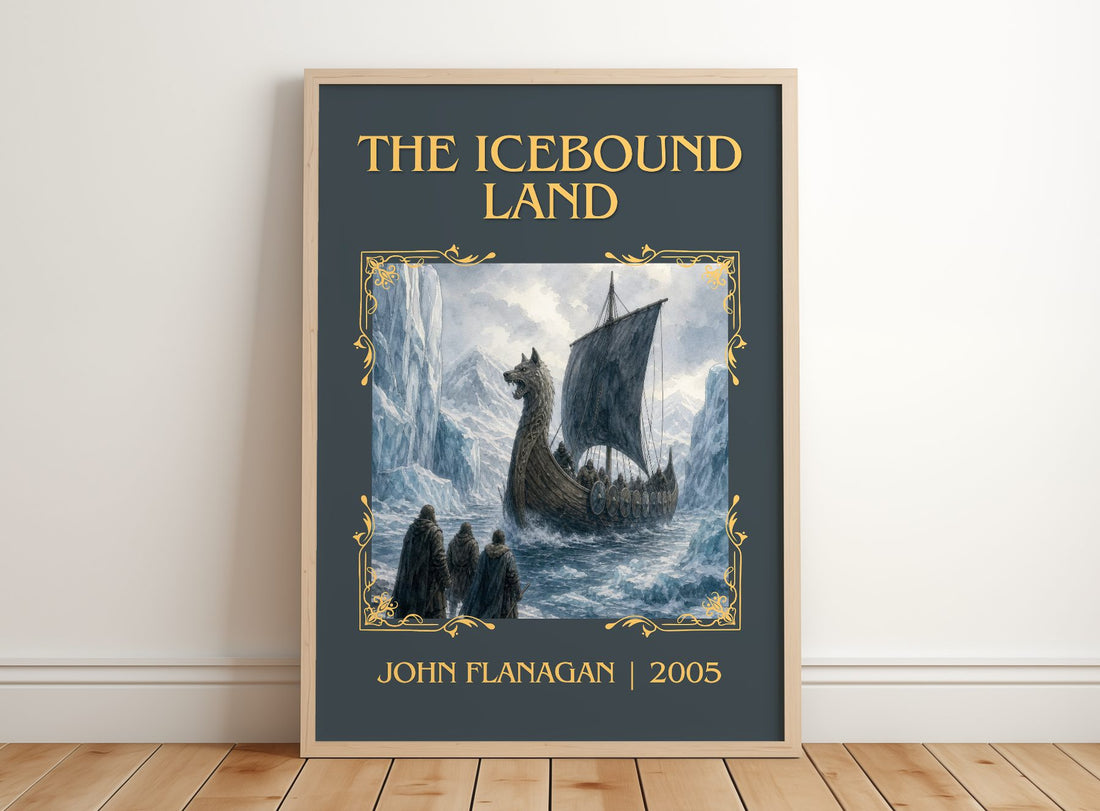 The Icebound Land Classic Book Art Print by John Flanagan – framed print leaning on a wooden floor