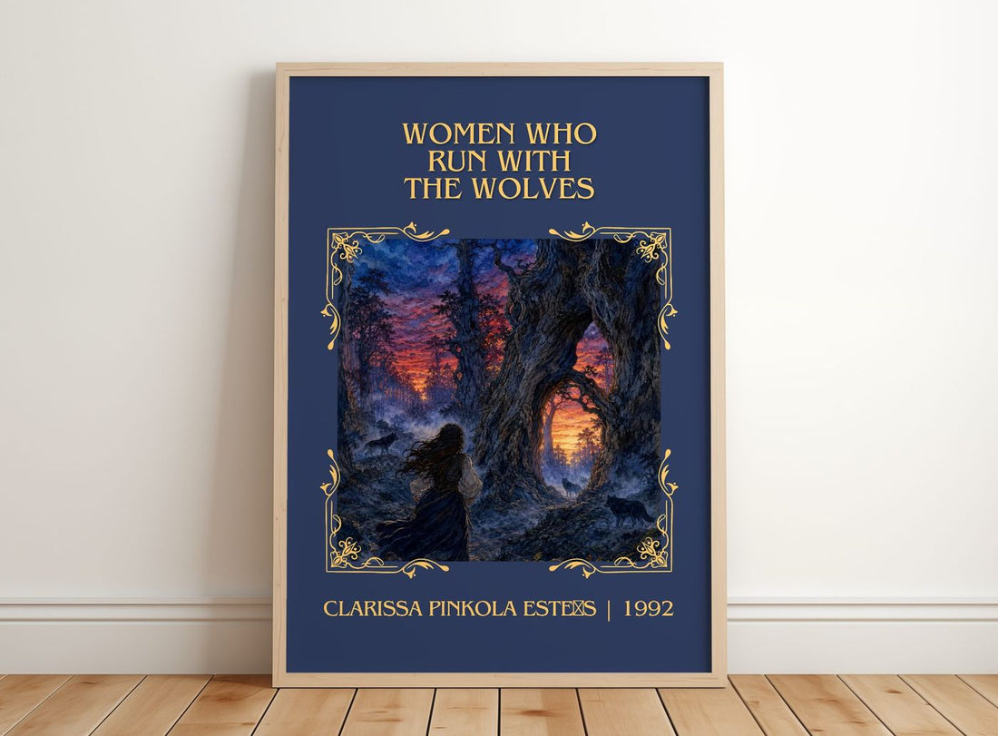 Women Who Run with the Wolves Classic Book Art Print by C. Estés – framed print leaning on a wooden floor