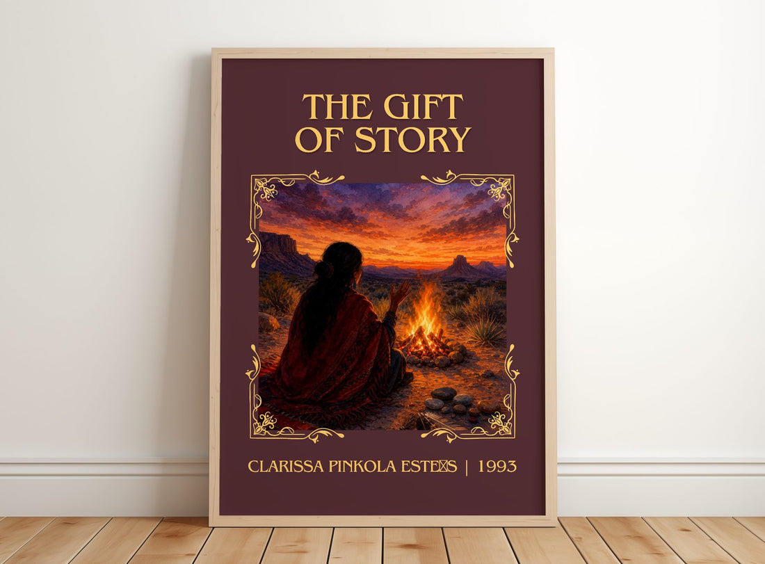 The gift of story Classic Book Art Print by Clarissa Pinkola Estés – framed print leaning on a wooden floor