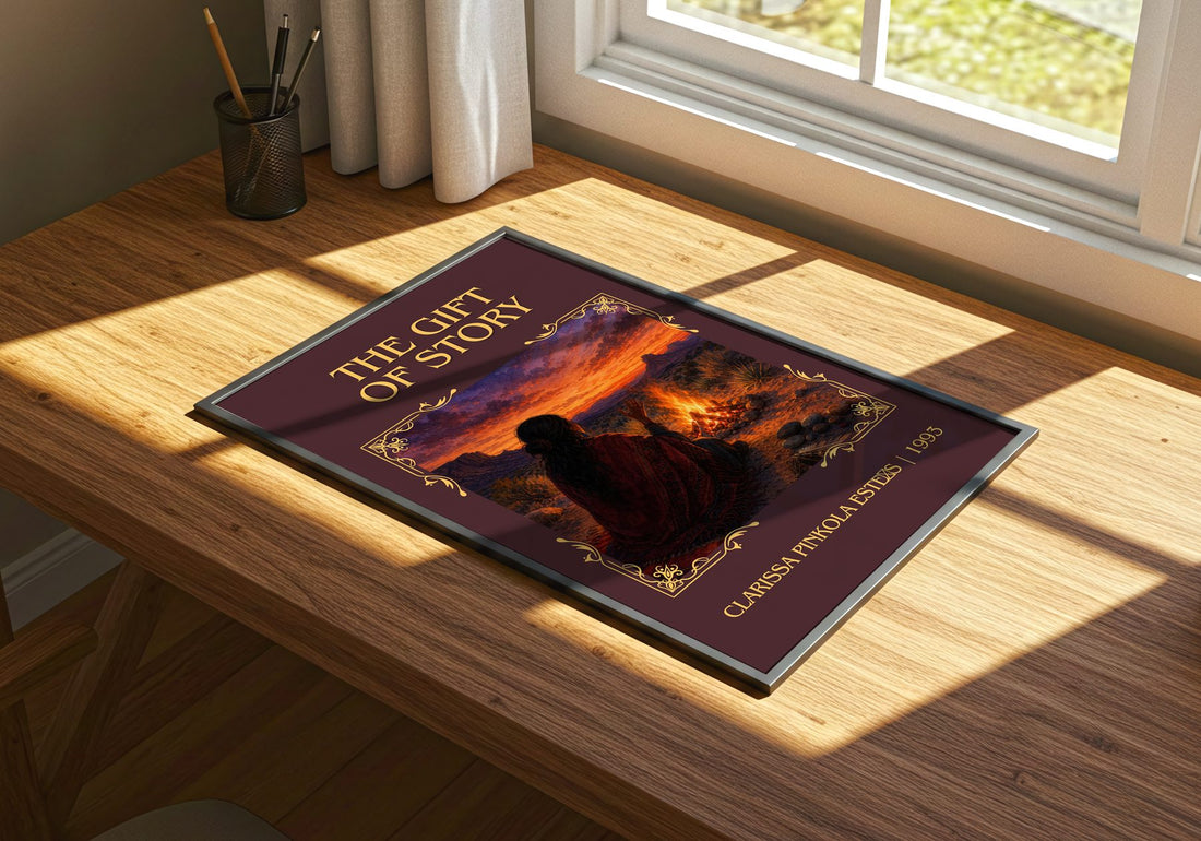 The gift of story Classic Book Art Print by Clarissa Pinkola Estés – print on a sunlit desk