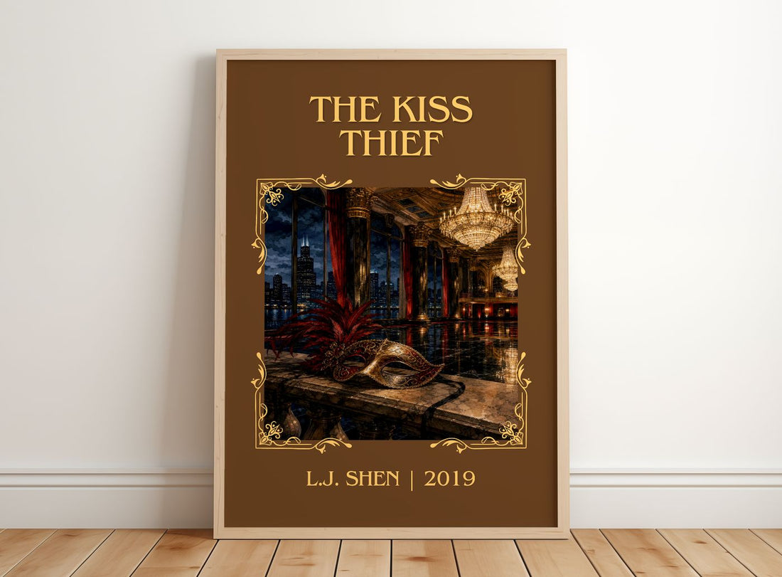 The Kiss Thief Classic Book Art Print by L.J. Shen – framed print leaning on a wooden floor