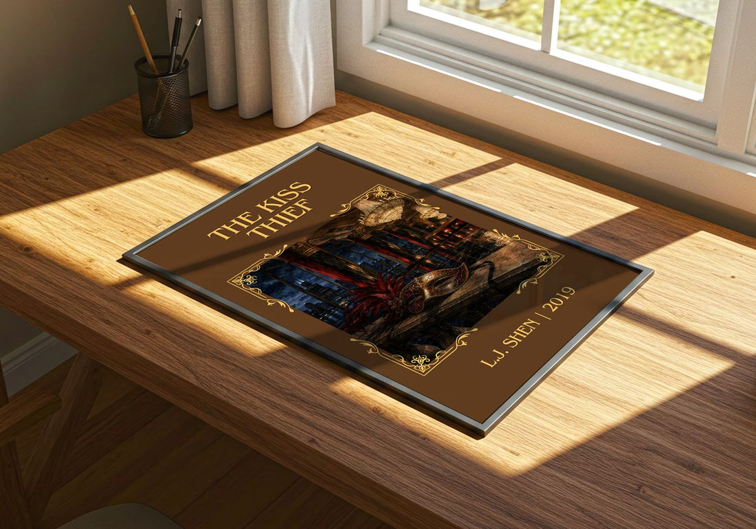 The Kiss Thief Classic Book Art Print by L.J. Shen – print on a sunlit desk