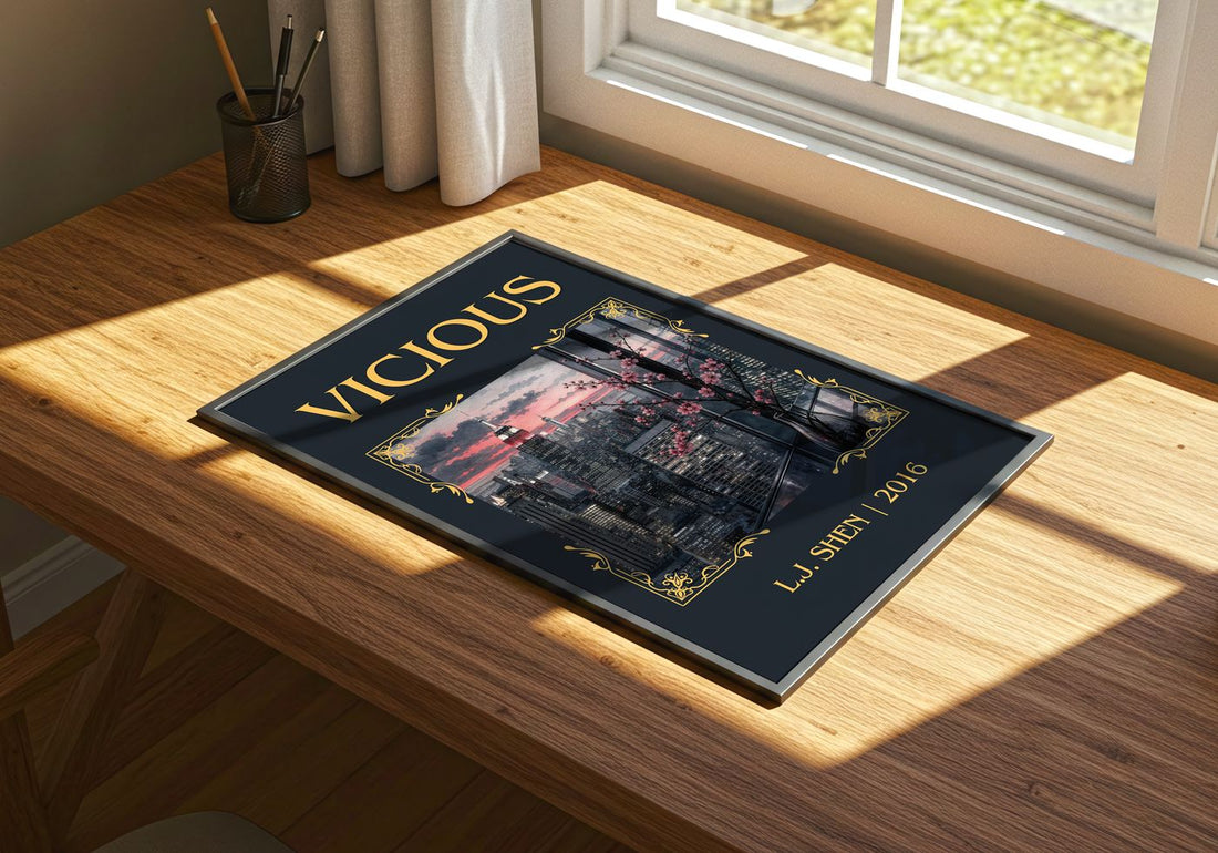 Vicious Classic Book Art Print by L.J. Shen – print on a sunlit desk