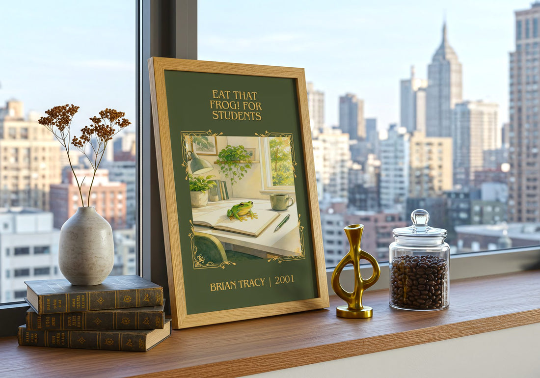 Eat That Frog! for Students Classic Book Art Print by Brian Tracy – framed print on a city-view windowsill