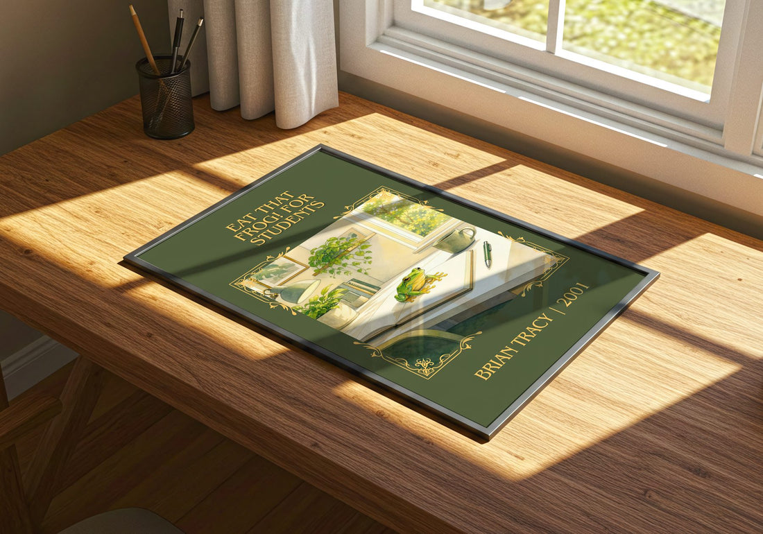 Eat That Frog! for Students Classic Book Art Print by Brian Tracy – print on a sunlit desk