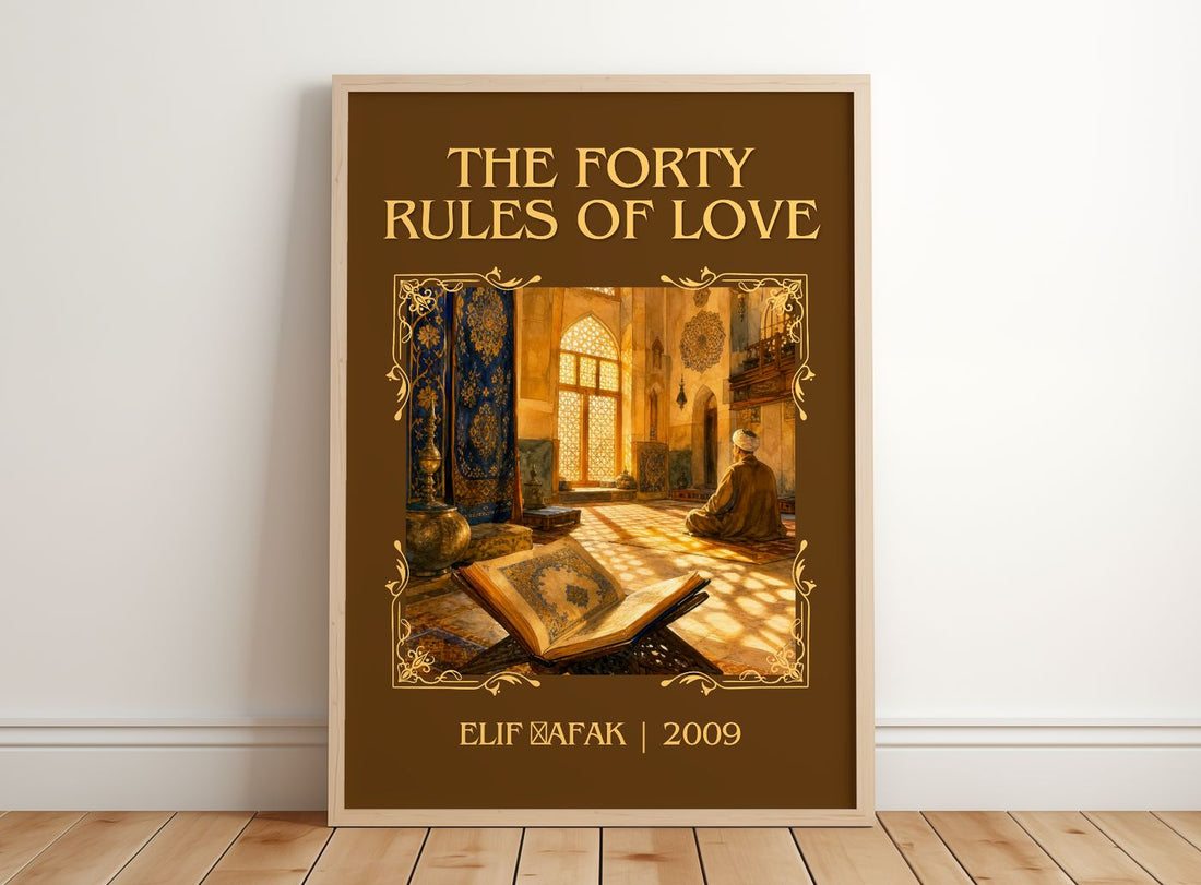 The Forty Rules of Love Classic Book Art Print by Elif Şafak – framed print leaning on a wooden floor