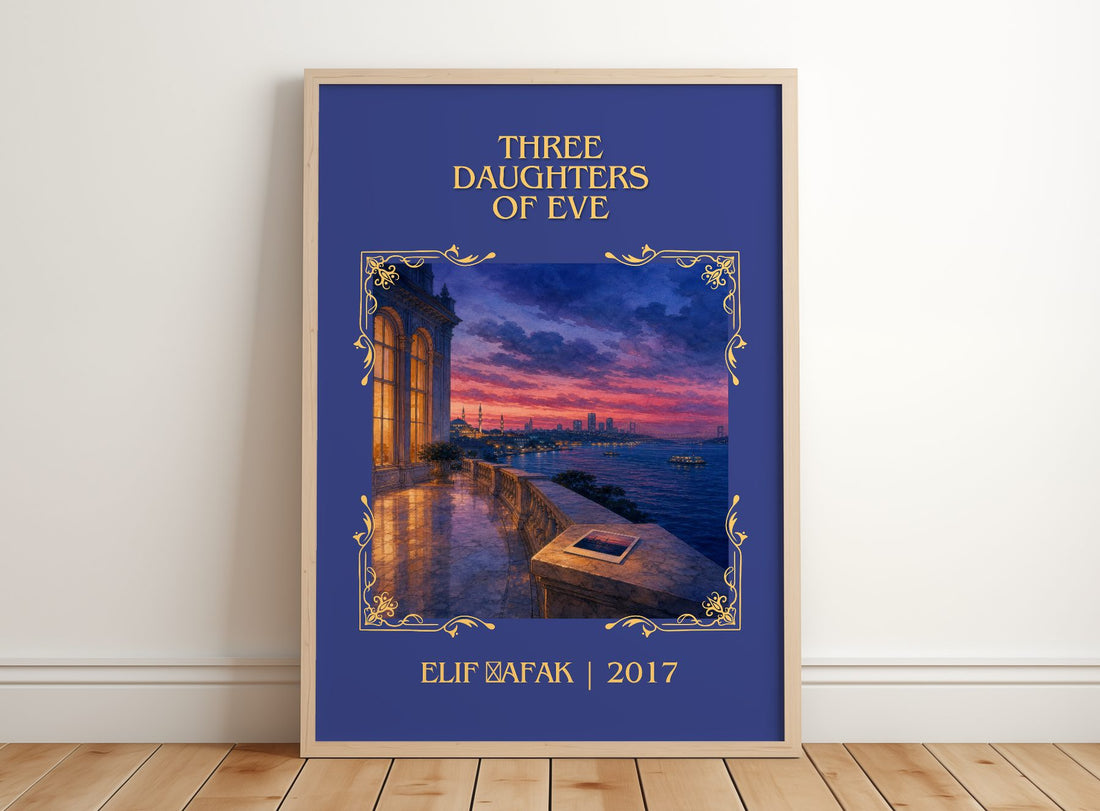 Three Daughters of Eve Classic Book Art Print by Elif Şafak – framed print leaning on a wooden floor