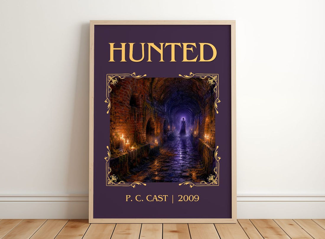 Hunted Classic Book Art Print by P. C. Cast – framed print leaning on a wooden floor