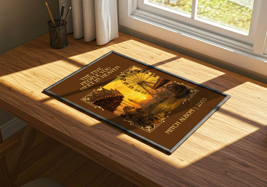 Five People You Meet in Heaven Classic Book Art Print by Mitch Albom – print on a sunlit desk