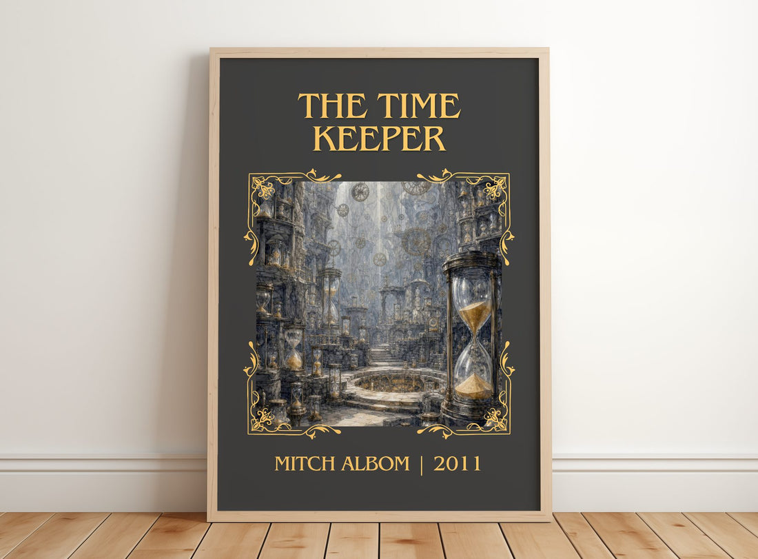 The time keeper Classic Book Art Print by Mitch Albom – framed print leaning on a wooden floor