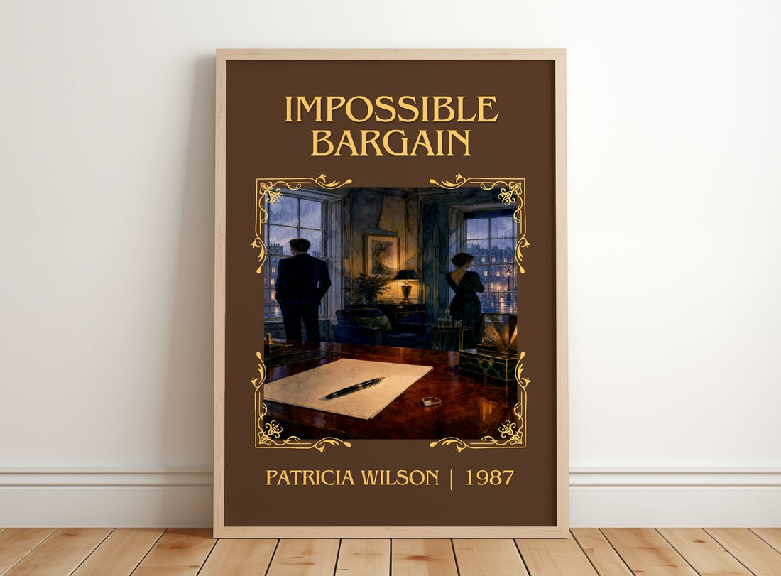 Impossible Bargain Classic Book Art Print by Patricia Wilson – framed print leaning on a wooden floor